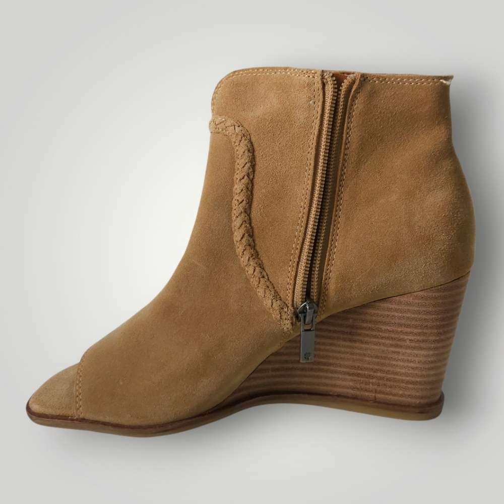 Lucky Brand‎ LK Lureli Suede Peep Toe Wedge Booties Womens 9M Tan Leather Ankle - Picture 5 of 12